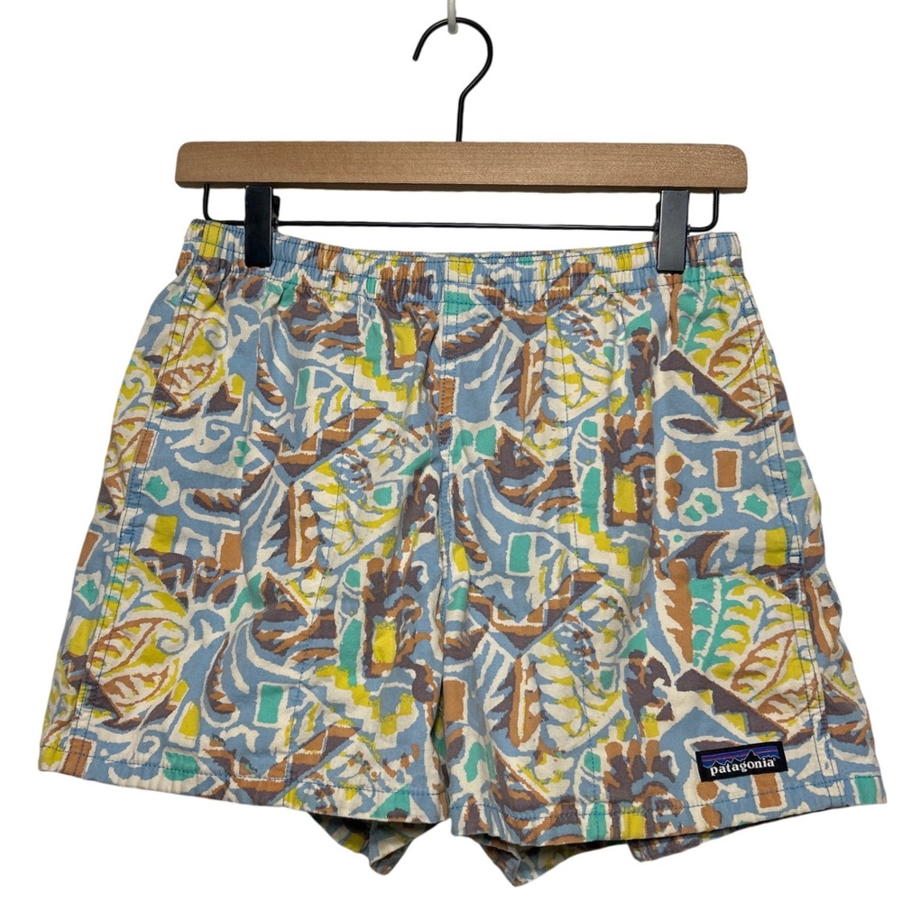 Patagonia Funhoggers Elastic‎ Waist 4" Shorts Blue Green Yellow Size XS EUC